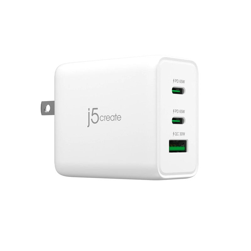شاحن j5create JUP3365F 65W GaN USB-C بثلاثة منافذ - المملكة المتحدة، أبيض