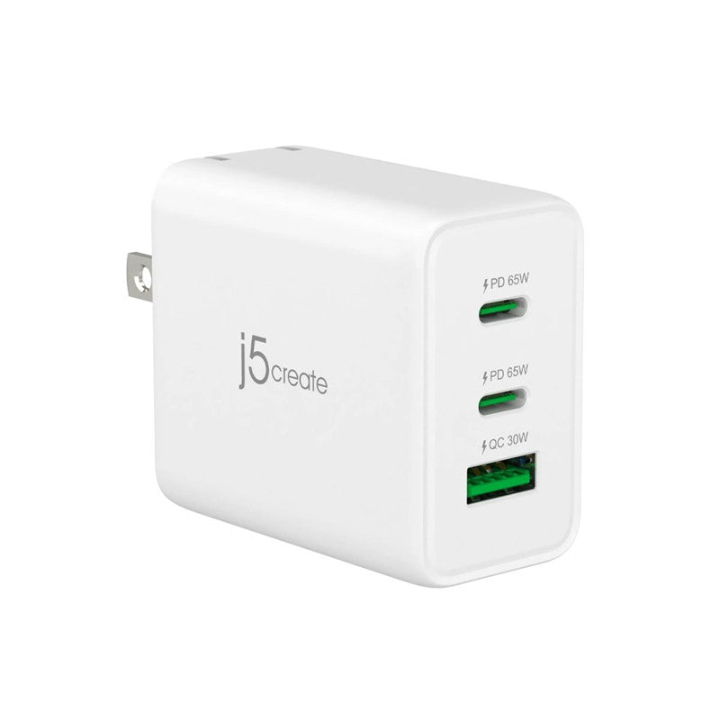 شاحن j5create JUP3365F 65W GaN USB-C بثلاثة منافذ - المملكة المتحدة، أبيض