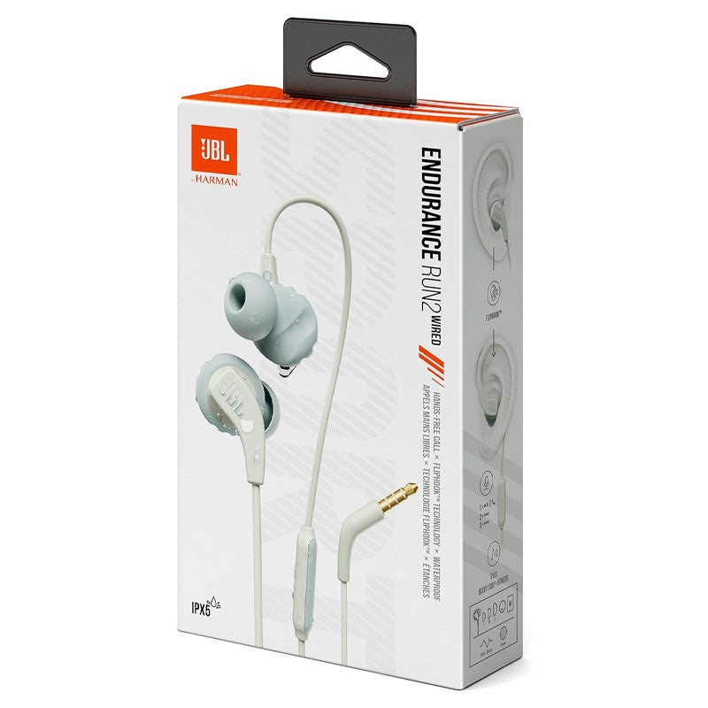 JBL Endurance RUN2 Wired Earphones, IPX5 Waterproof, 1-Button Remote Control, Built-in Magnet, White