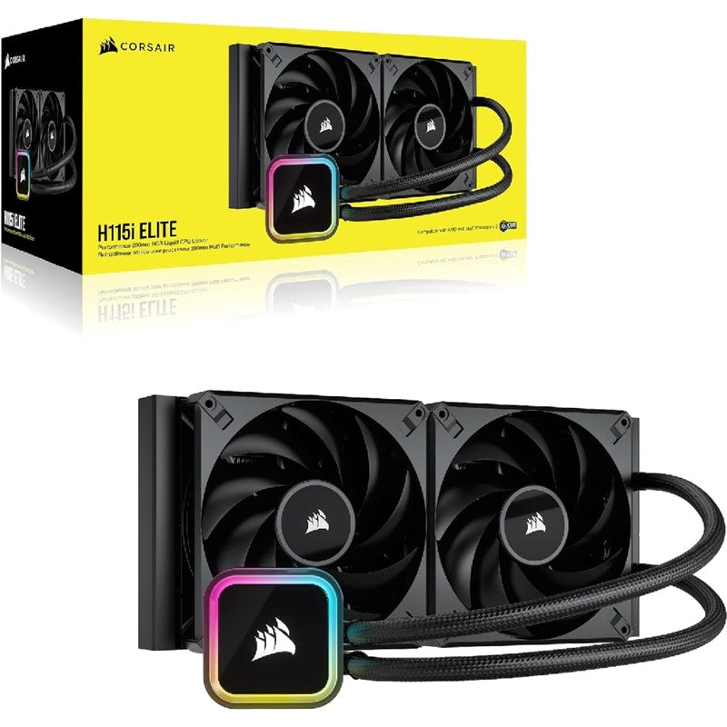 Corsair iCUE H115i Liquid CPU Cooler, Black, 280mm, RGB Elite, Digital PWM Fans, CW-9060059-WW