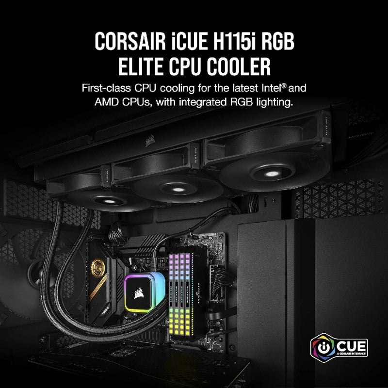 Corsair iCUE H115i Liquid CPU Cooler, Black, 280mm, RGB Elite, Digital PWM Fans, CW-9060059-WW