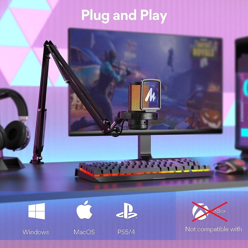Maonocaster Gaming USB Microphone With Boom Arm for Streaming – Black