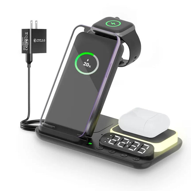3 in 1, 15 W Wireless Charging Stand, Station For Multiple Devices with Night Light and Alarm Clock - Black, (Pack of 2)