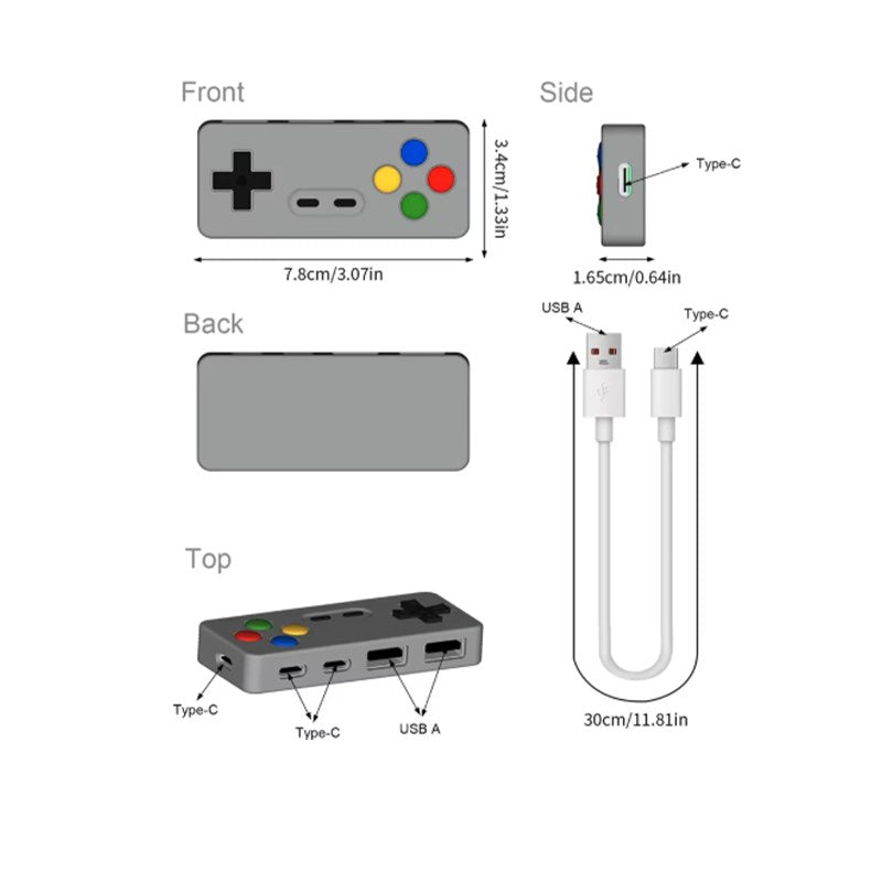 Retro Game Console Inspired USB Hub, Adapter With USB-C & USB-A Ports - Grey