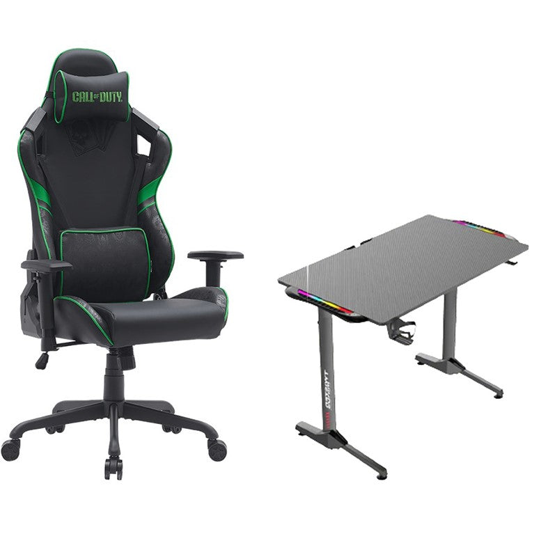 Twisted Minds T Shaped RGB Gaming Desk + GAMEON Call Of Duty Gaming Chair W/A 4D Armrest&M Base - Green/Black