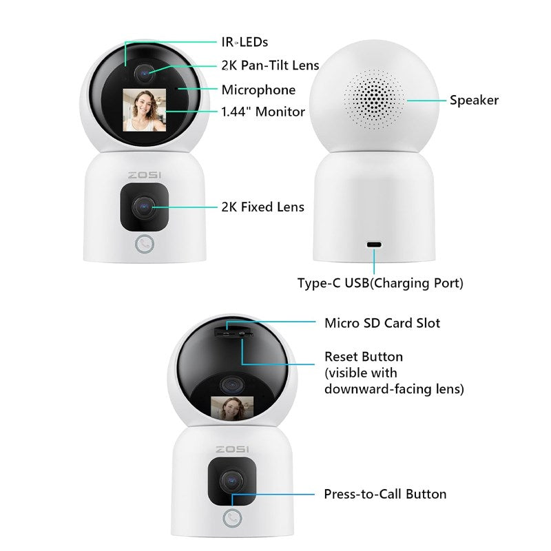 Zosi Indoor PT Camera with Screen, Dual Lens 3 MP + 3 MP