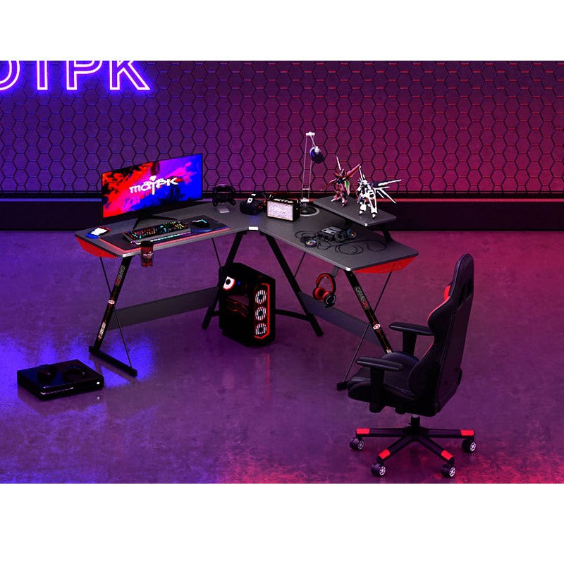 GAMEON L-Shaped Slayer I Series Gaming Desk (Size: 129*129*74cm & Table top 80*46cm) With Headset Hook, Cup Holder & Accessories Stand - Black