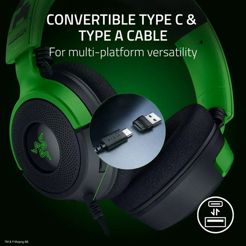 Razer Kraken V4 X Wired USB-C Gaming Headset for PC, PS5, Switch, Mobile - Minecraft Edition