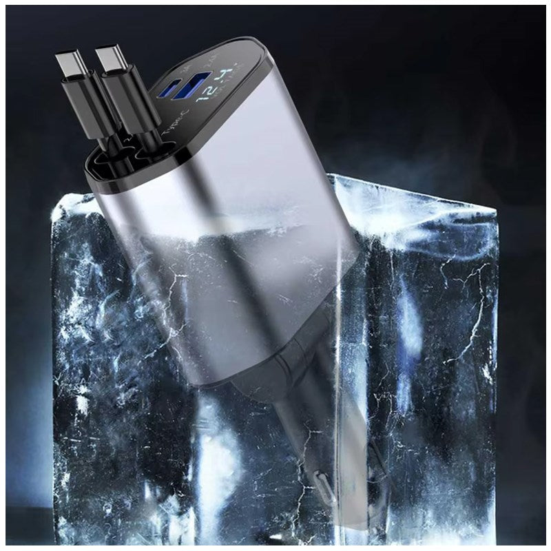 4 In 1 Retractable Car Charger With LED Display, USB & Type-C Ports - Grey