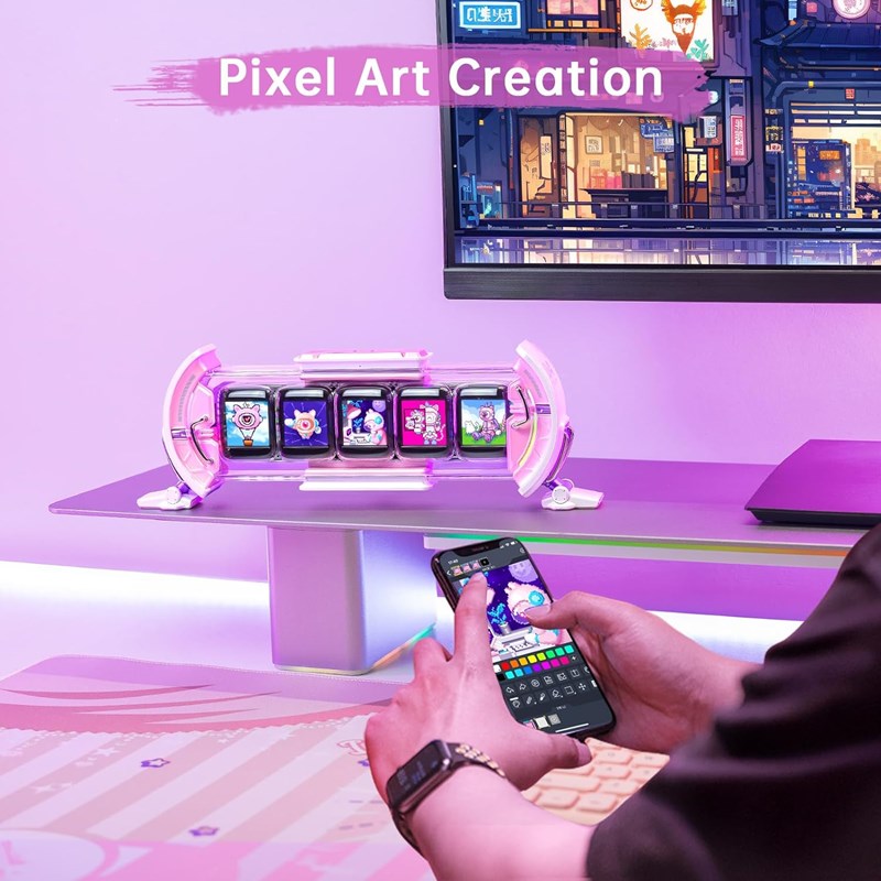 Divoom Times Gate Pixel Art Informative Cyberpunk Digital Clock Display - Pink