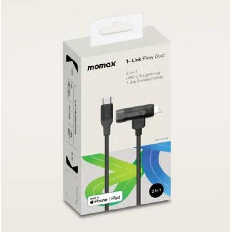 Momax 1-Link Flow Duo 2-in-1 USB-C to USB-C + Lightning, 1.5 M Braided, Black