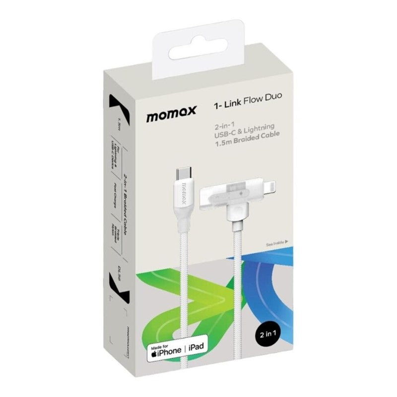 Momax 1-Link Flow Duo 2-in-1 USB-C to USB-C + Lightning, 1.5 M Braided, Black