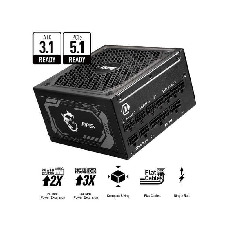 MSI MAG A1000GL PCIe5, ATX 3.1, 80 Plus Gold Fully Modular Gaming Power Supply