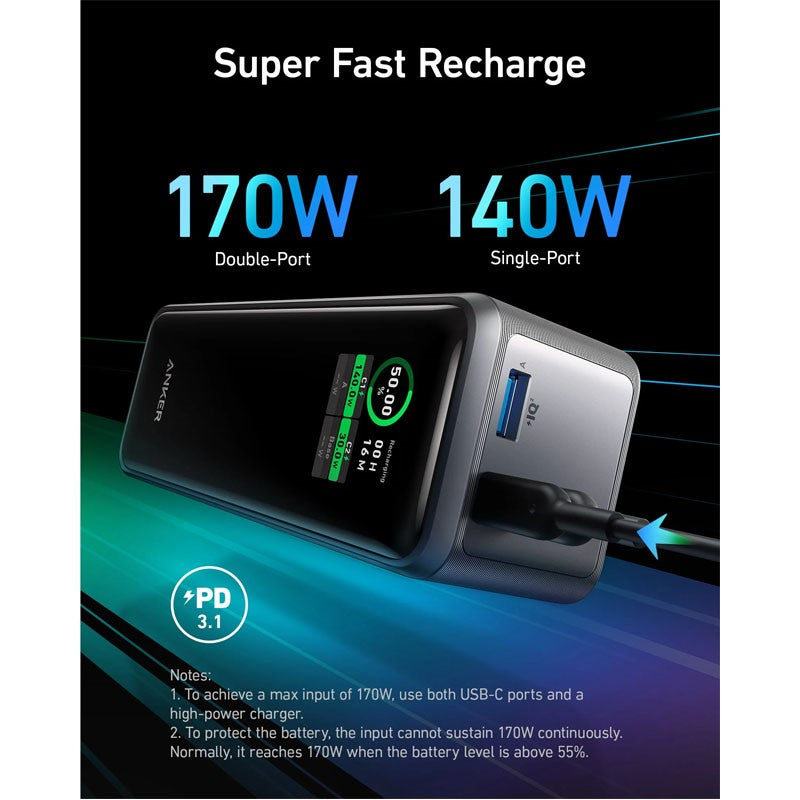 Anker Prime Power Bank, 27650 mAh 3-Port 250W Portable Charger (99.54Wh) Smart App