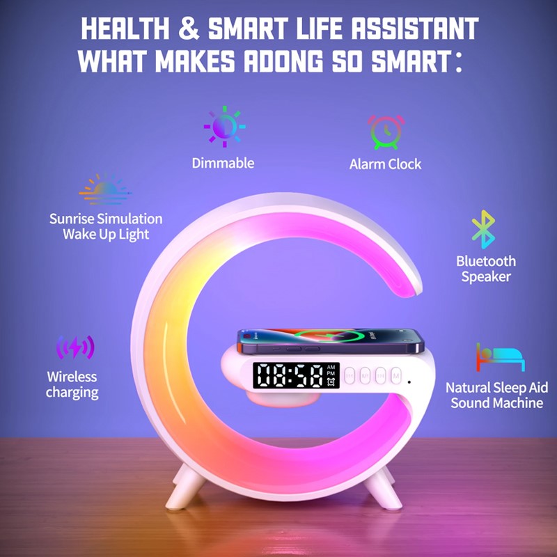 Multifunctional 15W Wireless Fast Charging Stand with RGB Night Light & Speaker - White