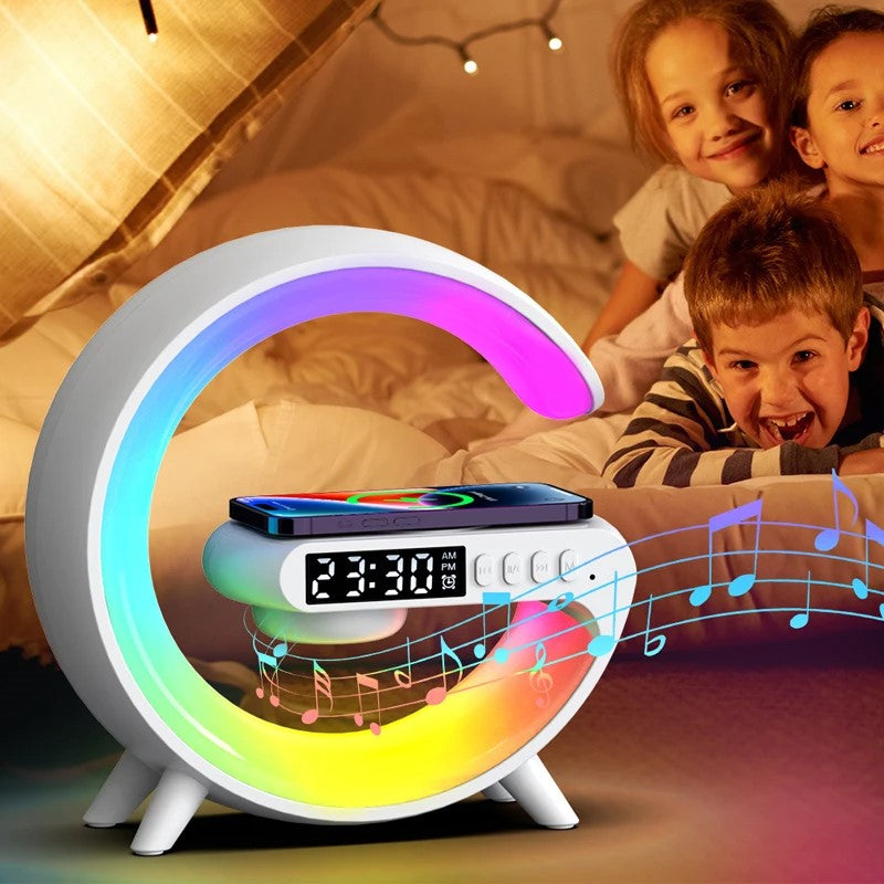 Multifunctional 15W Wireless Fast Charging Stand with RGB Night Light & Speaker - White