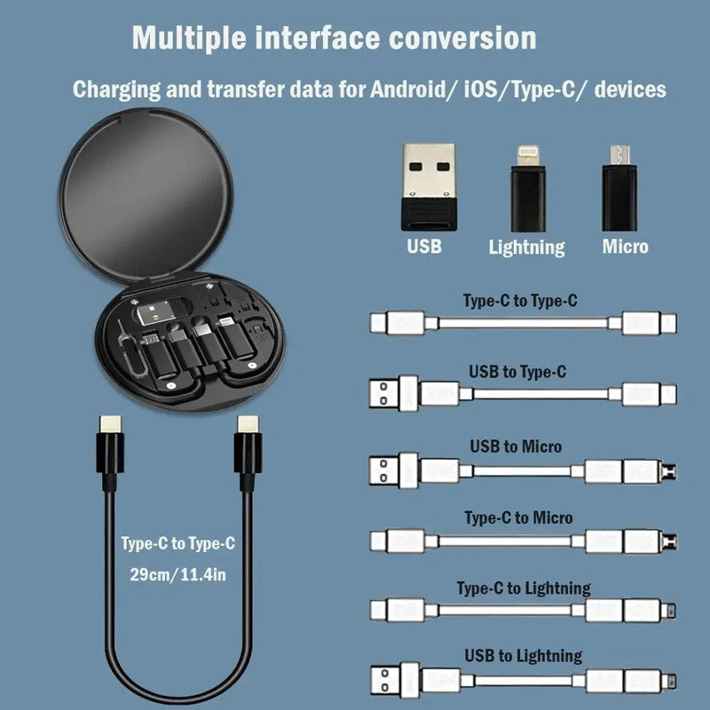 Multifunctional Storage Box & 60W Fast Charge Data Cable Set, Type-C, Micro and Mobile Phone Bracket - Black
