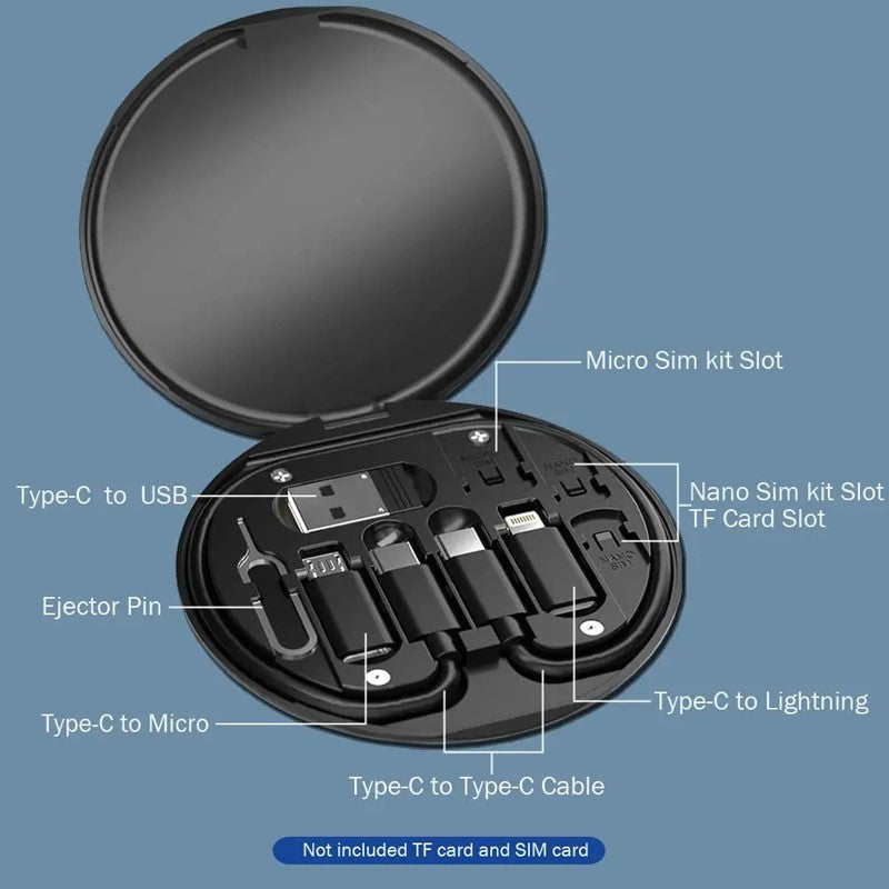 Multifunctional Storage Box & 60W Fast Charge Data Cable Set, Type-C, Micro and Mobile Phone Bracket - Black