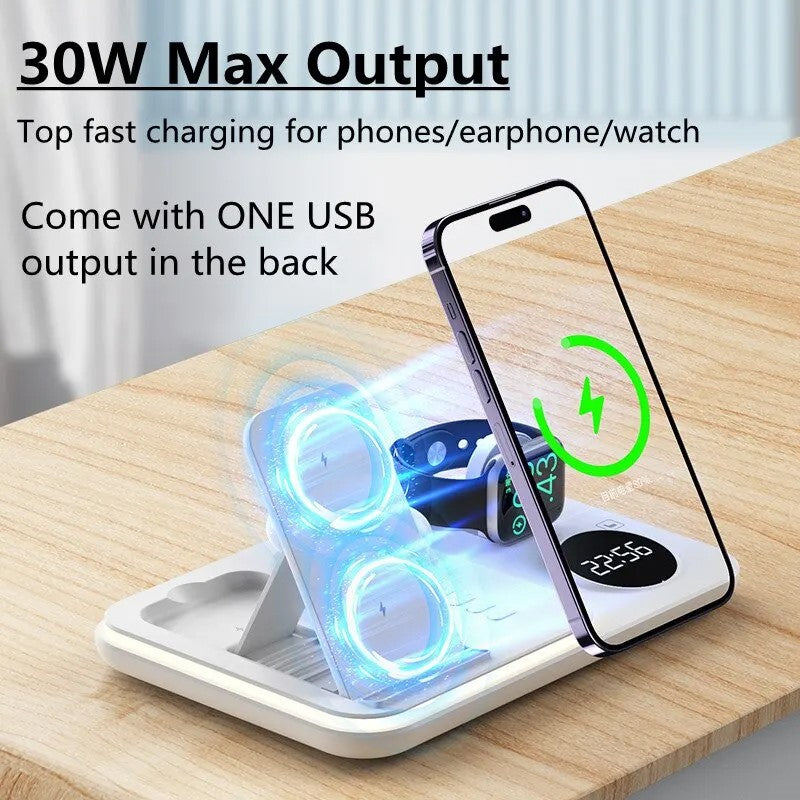 5 in 1 Wireless 30W Charging Stand with Light, Alarm Clock for Phones & Watch