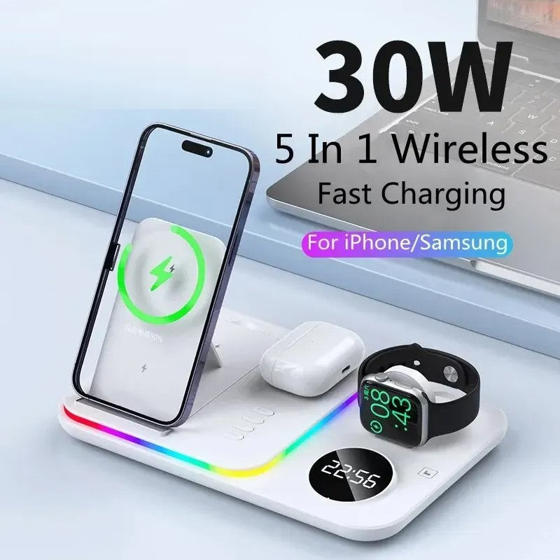 5 in 1 Wireless 30W Charging Stand with Light, Alarm Clock for Phones & Watch
