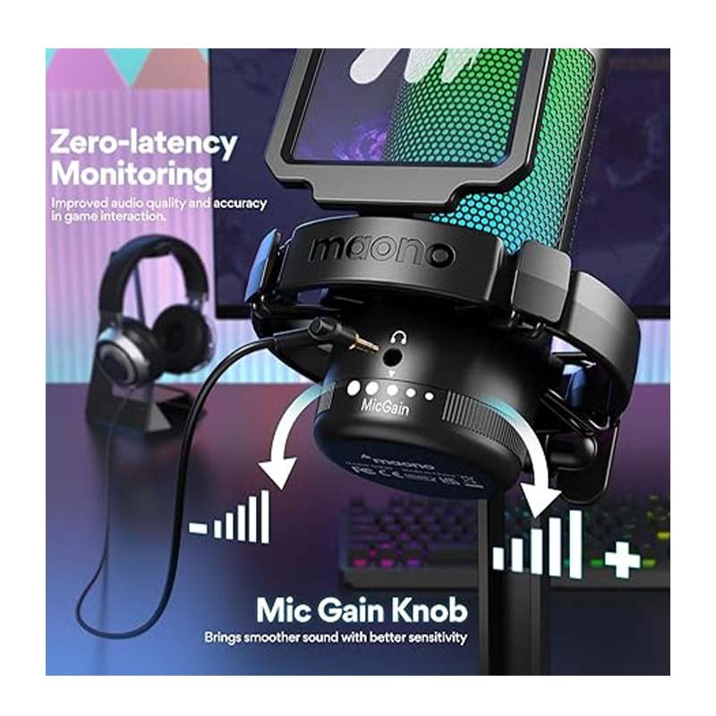 MAONO Gaming USB Microphone, Noise Cancellation Condenser mic with Mute, Gain, Monitoring, Boom Arm for Streaming, Podcast, Twitch, YouTube, Discord, PC, Computer, PS4, PS5, Mac, GamerWave DGM20S