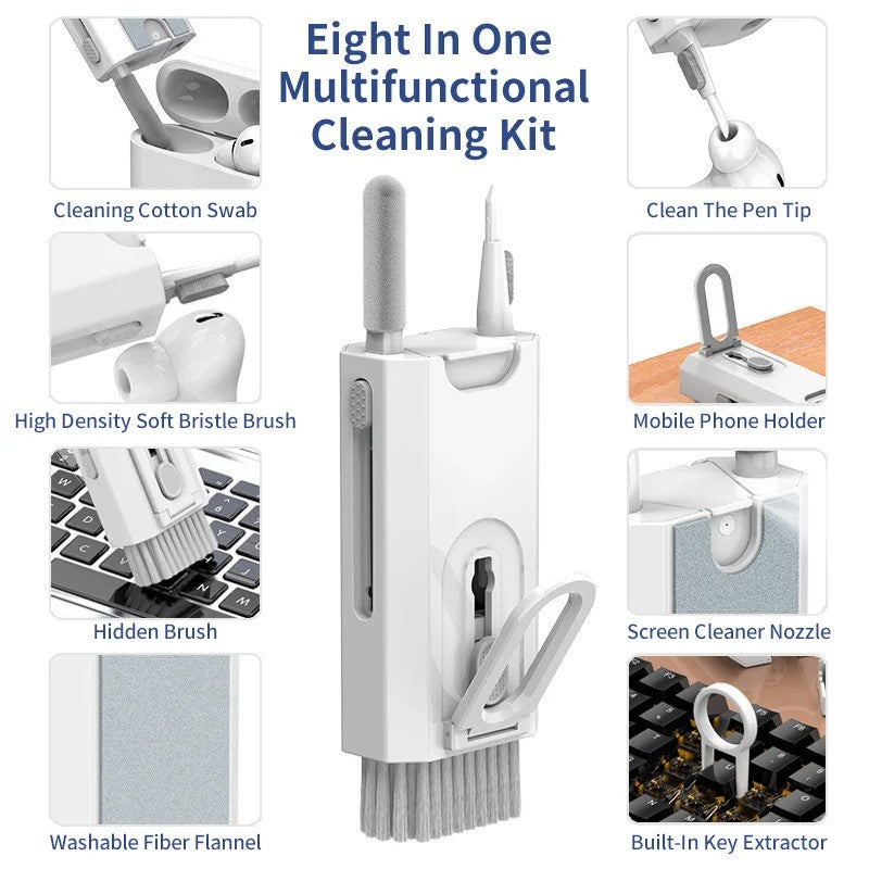 8 in 1 Airpods Cleaner, Cleaning Kit with Keyboard Brush, Earphones Cleaning Pen, Screen Cleaner, and Keycap Puller - White