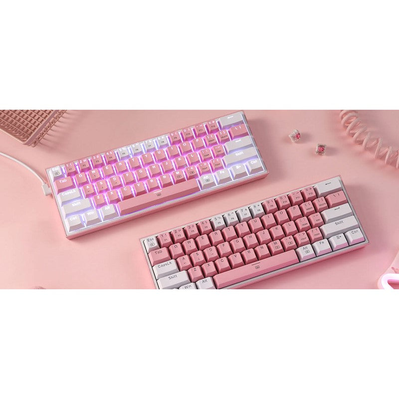 Redragon K617 Fizz 61 Keys Wired RGB Gaming Keyboard (Blue Switch) - White/Pink - Open Box