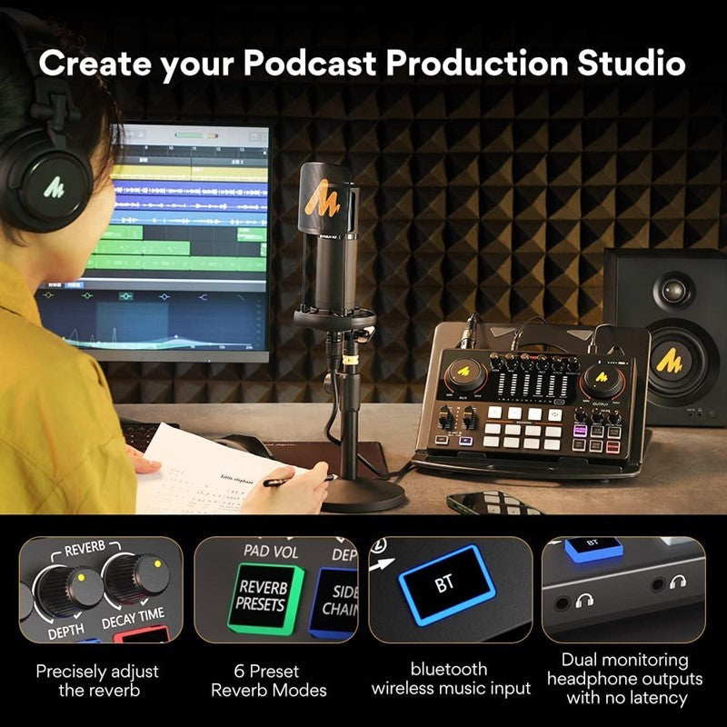 Maonocaster AME2A All-In-One Podcast Equipment Audio Interface Bundle with XLR Condenser Microphone for Recording, Streaming, Voice Over, Youtube, PC, Guitar - Black - Open Box
