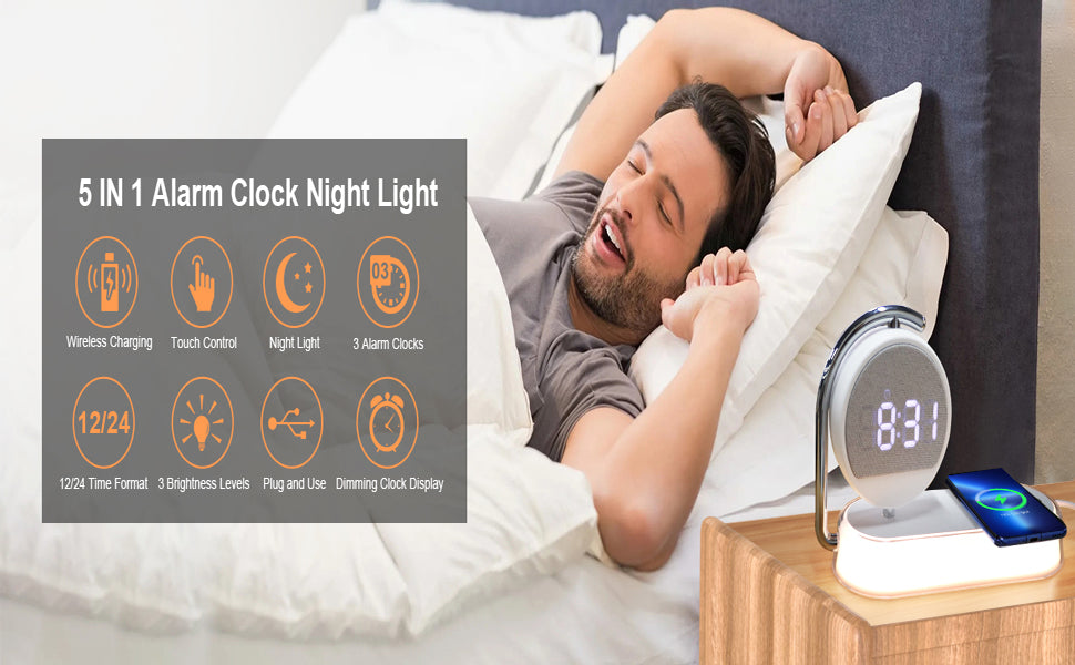 3 in 1 Night Light Alarm Clock, 3 Ways Dimmable Touch Table Lamp with 15 Wireless Charger, LED Digital Alarm Clock