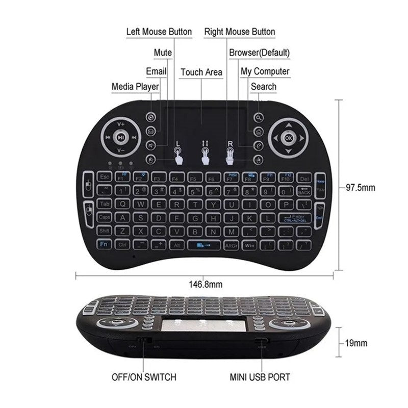 Rechargeable Bluetooth Mini Handheld Backlit Keyboard and Air Mouse Touchpad for Android TV box & Laptops - Black