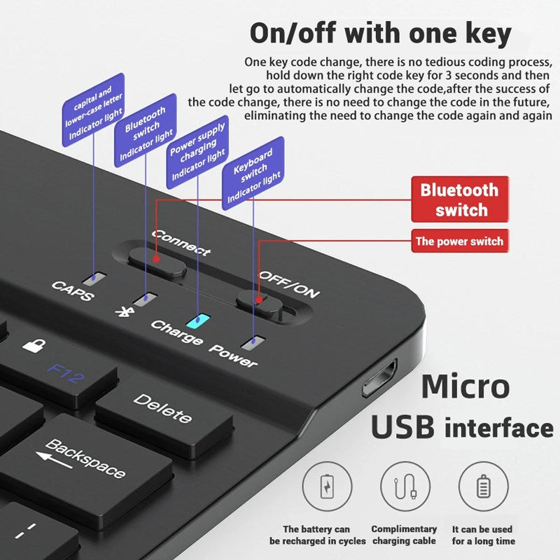 Gadgeton Rechargeable Wireless Bluetooth 10” Keyboard for Tablets, iPad, Smartphones, MacBook & Laptops (English) - Black