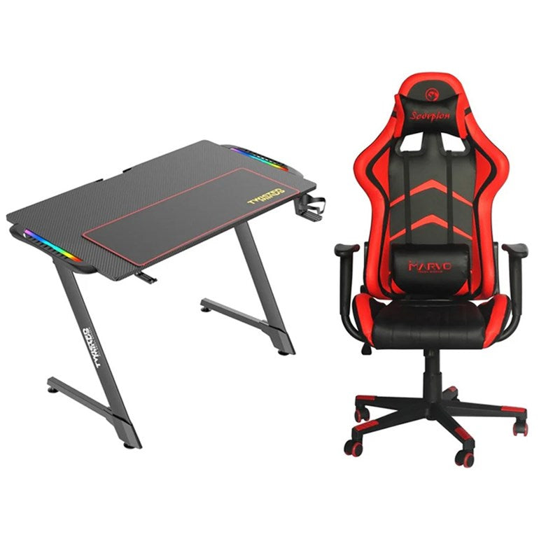 Marvo CH-106 Gaming Chair with Twisted Minds Z-Shaped Gaming Desk Carbon Fiber Texture