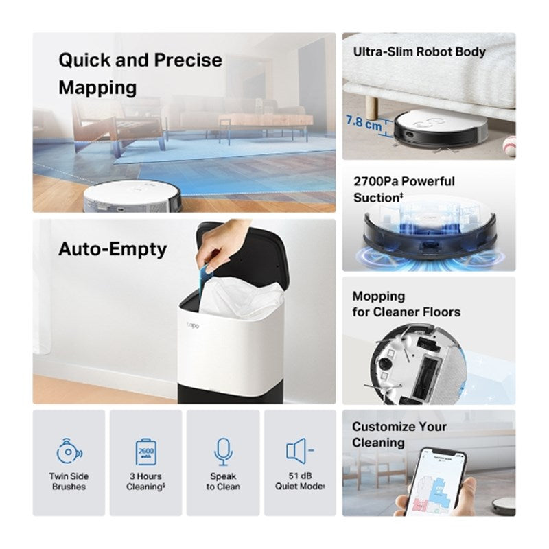 TP-Link Tapo RV20 Mop Plus MagSlim LiDAR Navigation Robot Vacuum & Mop+ Smart Auto-Empty Dock