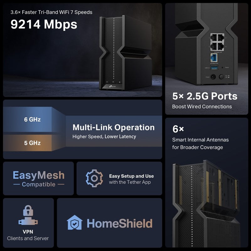 TP-LINK BE9300 Tri-Band Wi-Fi 7 Router 1× 2.5 Gbps WAN Port and 4× 2.5 Gbps