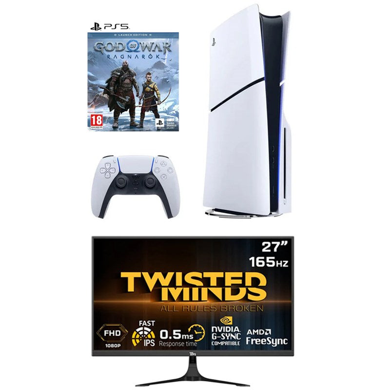 Sony Playstation 5 Disc Console Slim - Arabic Edition + PS5 God of War Ragnarok R2 + Twisted Minds 27'' Flat ,FHD 165Hz ,Fast IPS, 0.5ms, HDR Gaming Monitor