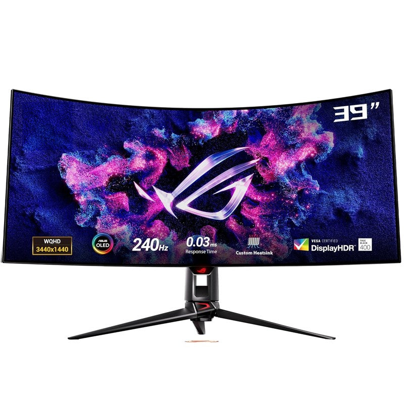 اسوس شاشة الألعاب المنحنية روج سويفت PG39WCDM بحجم 39 بوصة بتقنية WQHD OLED، بمعدل تحديث 240 هرتز، وقت استجابة 0.03 مللي ثانية ومنفذ HDMI 2.1, ايه ام دي فري سينك بريميوم برو , جي سينك