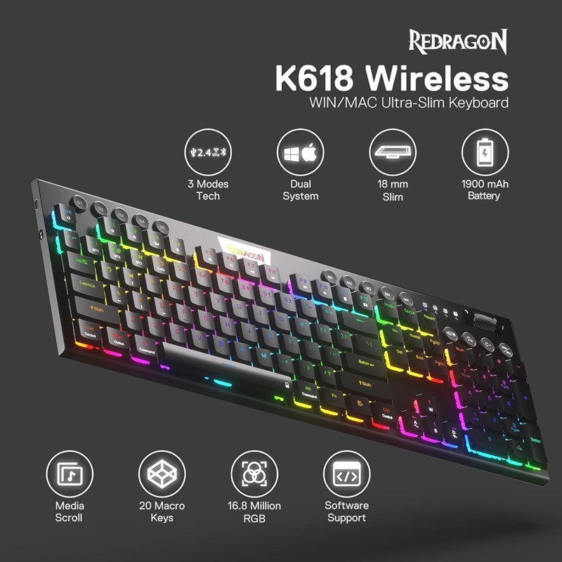 Redragon Horus K618 PRO RGB Wired/Bluetooth Mechanical Gaming Keyboard (Red Switch) - Black