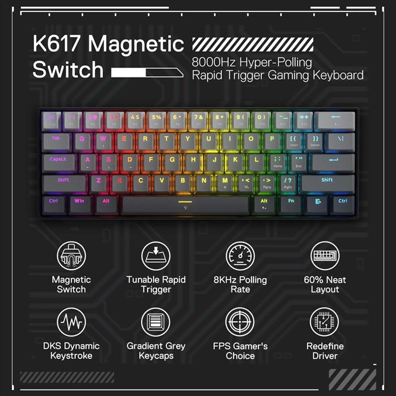Redragon Fizz K617GGB 60% Wired RGB Mechanical Gaming Keyboard with 8K Magnetic Switch - Black