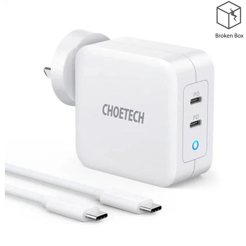 Choetech PD 100W GaN Dual USB-C UK Charger with CC Cable - White - Open Box