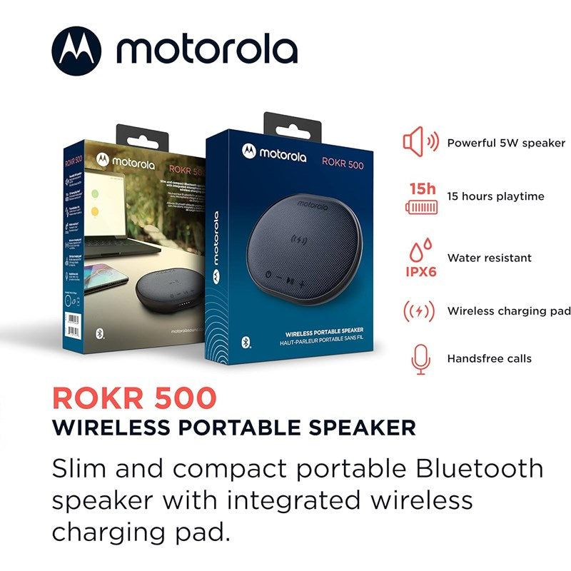 Motorola ROKR 500 Portable Bluetooth Speaker with Wireless Charging Pad with Microphone for Handsfree Calls - IPX6 Water Resistance - Black
