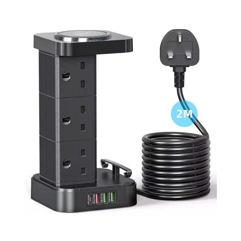 LDNIO SKW6457 Power Extension Cord - 6 UK AC Outlets, 1 USB-C (30W PD), 3 USB-A Ports, Wireless Charging, 2500W, 2M Cable - Black