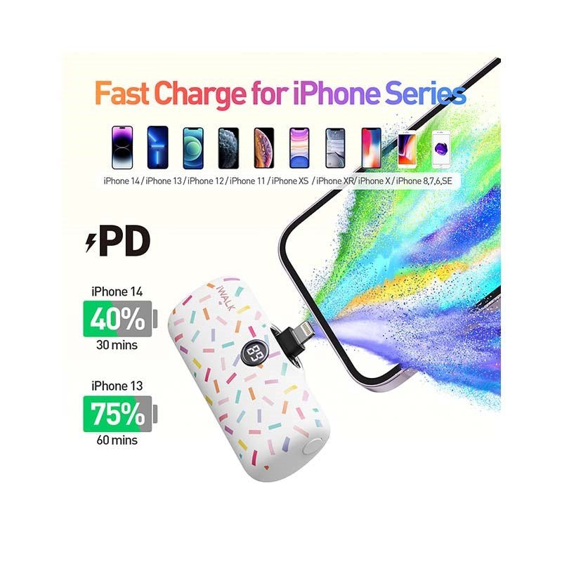 iWalk Linkme Pro Fast Charge 4800 mAh Pocket Battery With Battery Display For iPhone , White