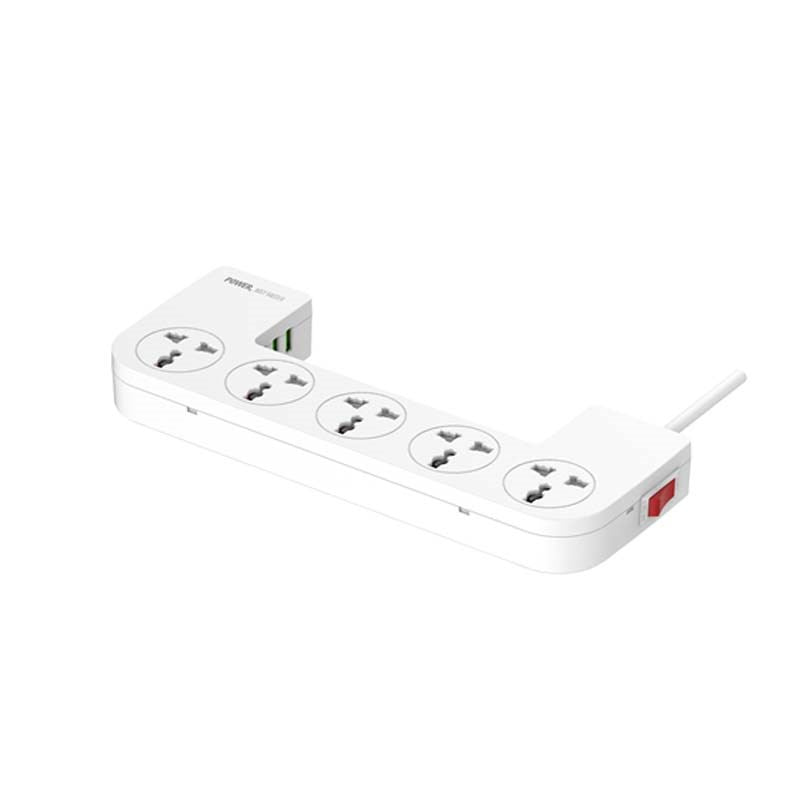 LDNIO SN5311 Power Extension Cord - 5 Universal AC Outlets, 3 USB-A Ports, Built-in Cable Management, 2500W, 2M Cable - White