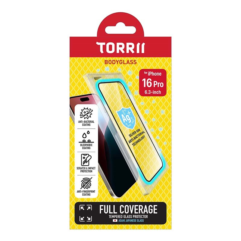 Torrii Bodyglass Screen Protector Tempered Glass For iPhone 16 Pro (6.3”) Anti-Bacterial Coating