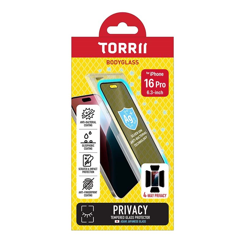 Torrii Bodyglass Screen Protector Tempered Glass For iPhone 16 Pro (6.3”) Anti-Bacterial Coating
