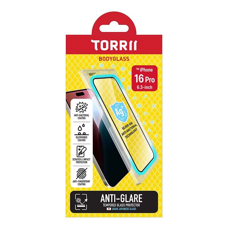 Torrii Bodyglass Screen Protector Tempered Glass For iPhone 16 Pro (6.3”) Anti-Bacterial Coating
