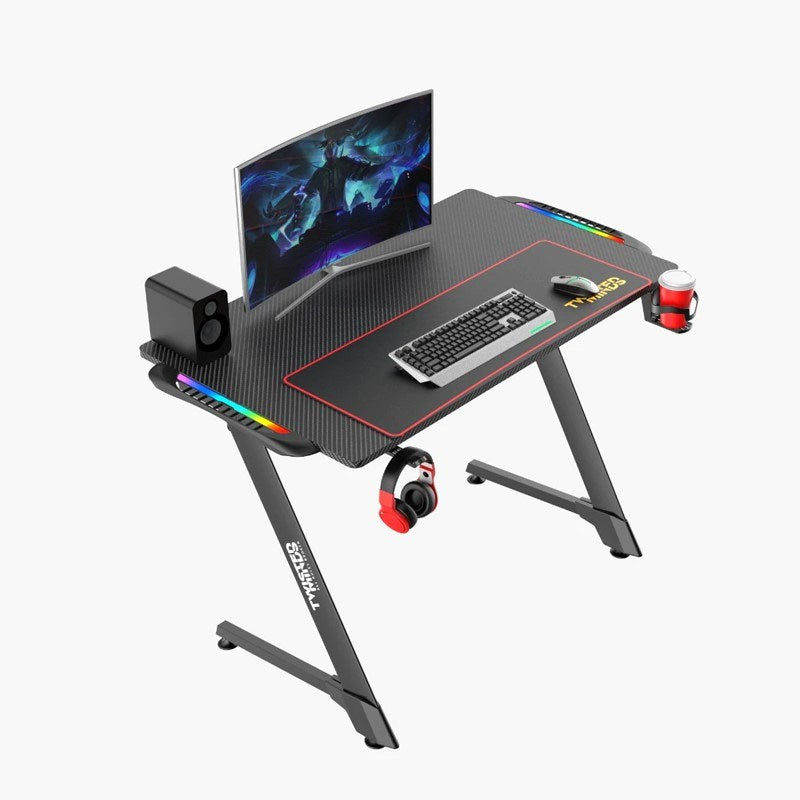 Black Bull Gaming Chair With Molded Headrest Up & Down - Fabric - Black/Grey + Twisted Minds Z Shaped Gaming Desk Carbon Fiber Texture - RGB