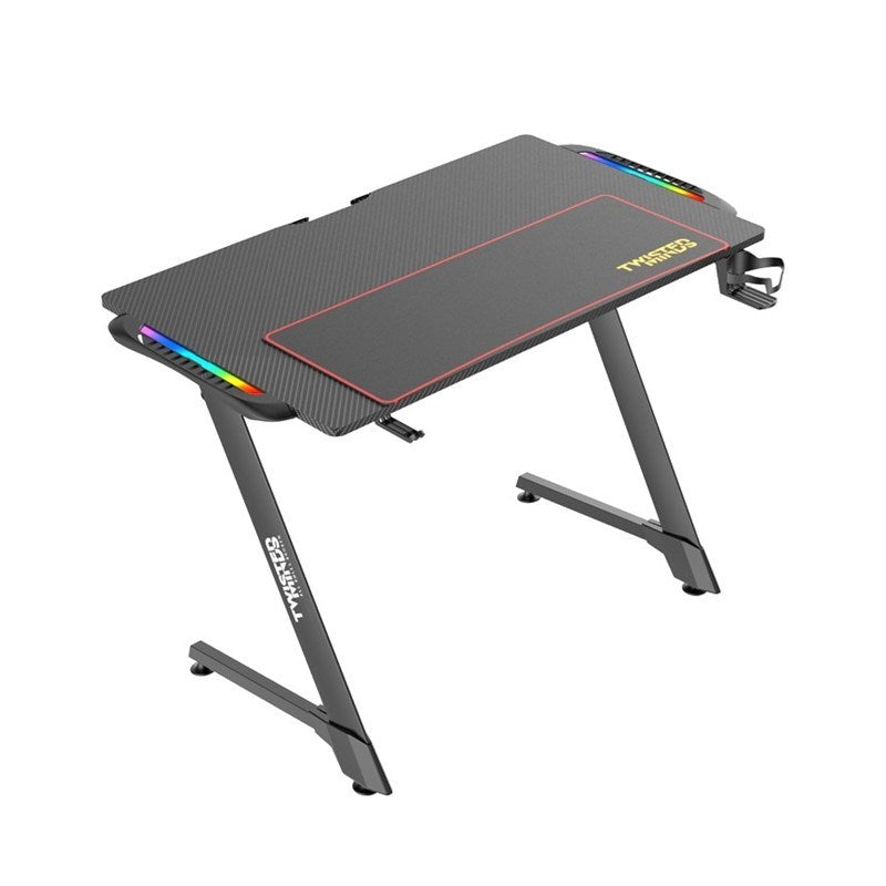 Black Bull Gaming Chair With Molded Headrest Up & Down - Fabric - Black/Grey + Twisted Minds Z Shaped Gaming Desk Carbon Fiber Texture - RGB