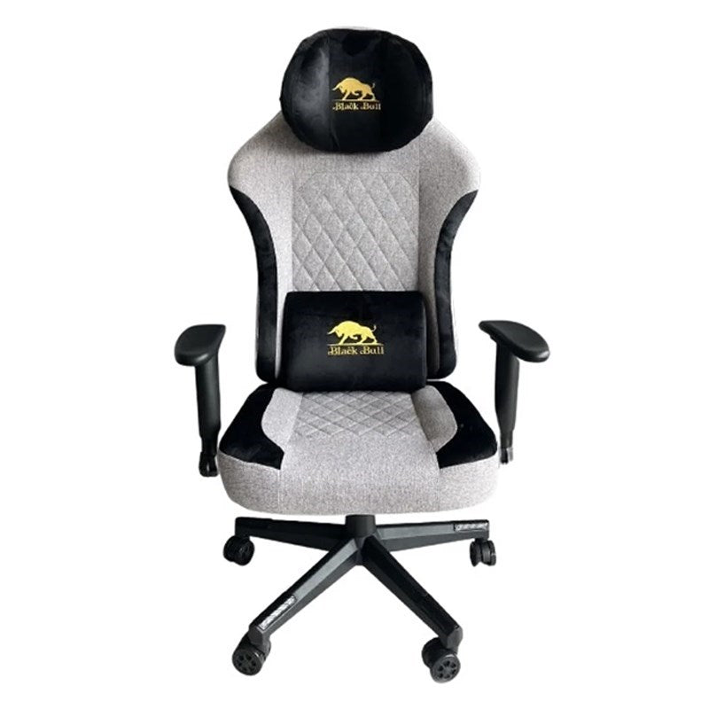 Black Bull Gaming Chair With Molded Headrest Up & Down - Fabric - Black/Grey + Twisted Minds Z Shaped Gaming Desk Carbon Fiber Texture - RGB