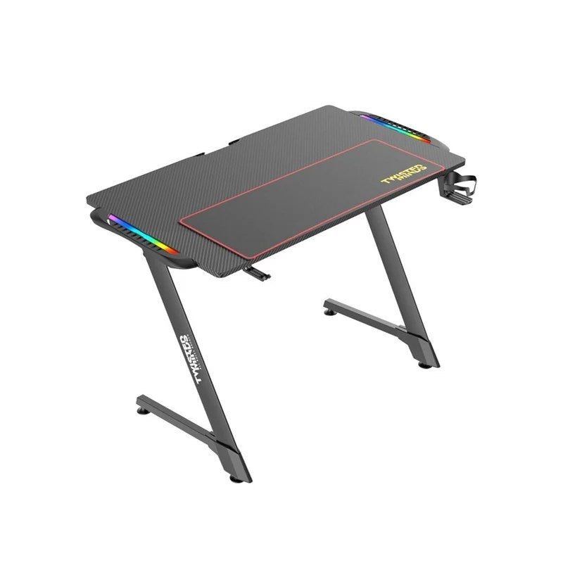 Twisted Minds Pro Fabric Gaming Chair - Black + Twisted Minds Z Shaped Gaming Desk Carbon Fiber Texture - RGB